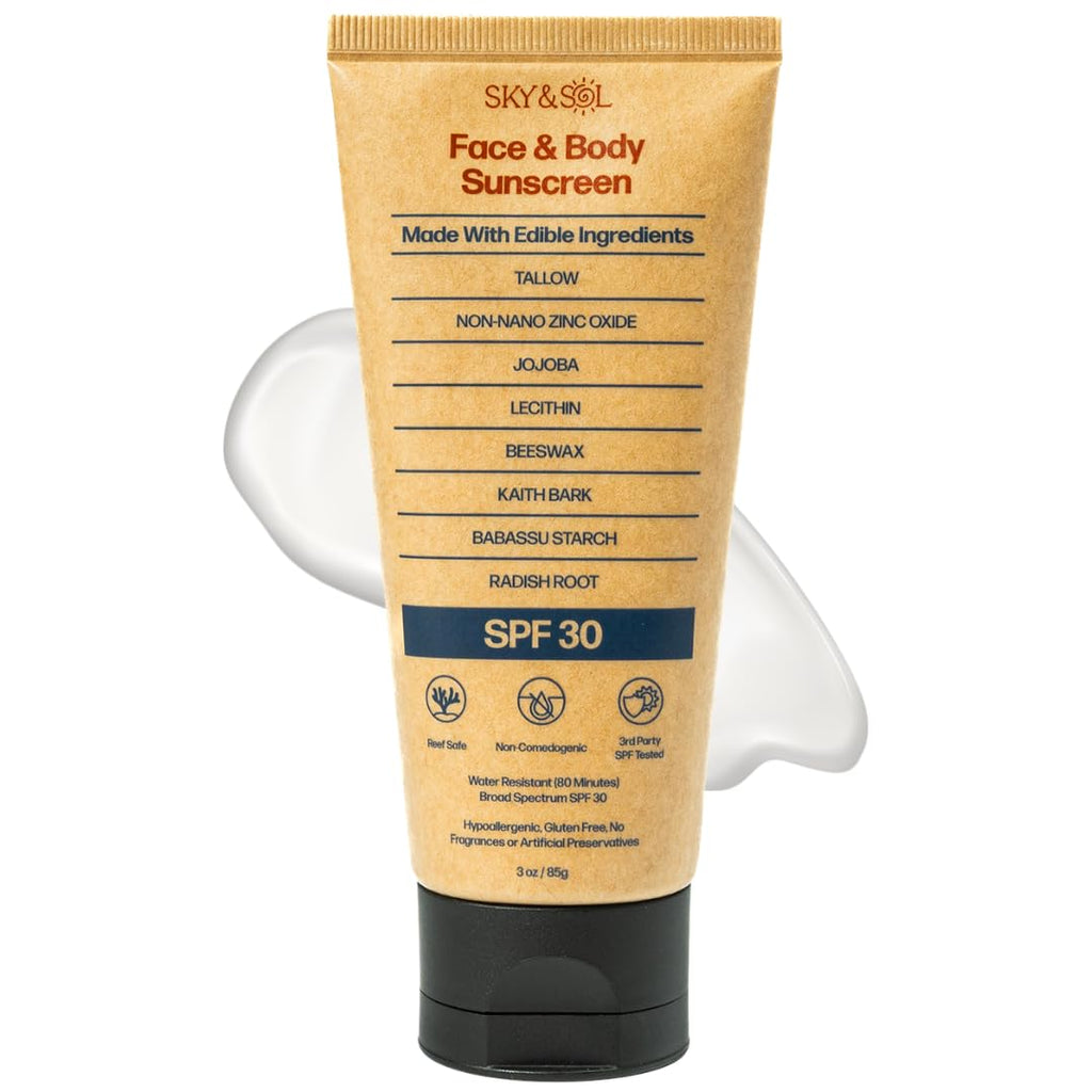 Sky And Sol Natural Mineral Sunscreen Spf 30 3 Oz: Natural Tallow & Zinc Oxide, Reef Safe, Water Resistant, Fragrance-Free, Non-Greasy Formula For Face And Body