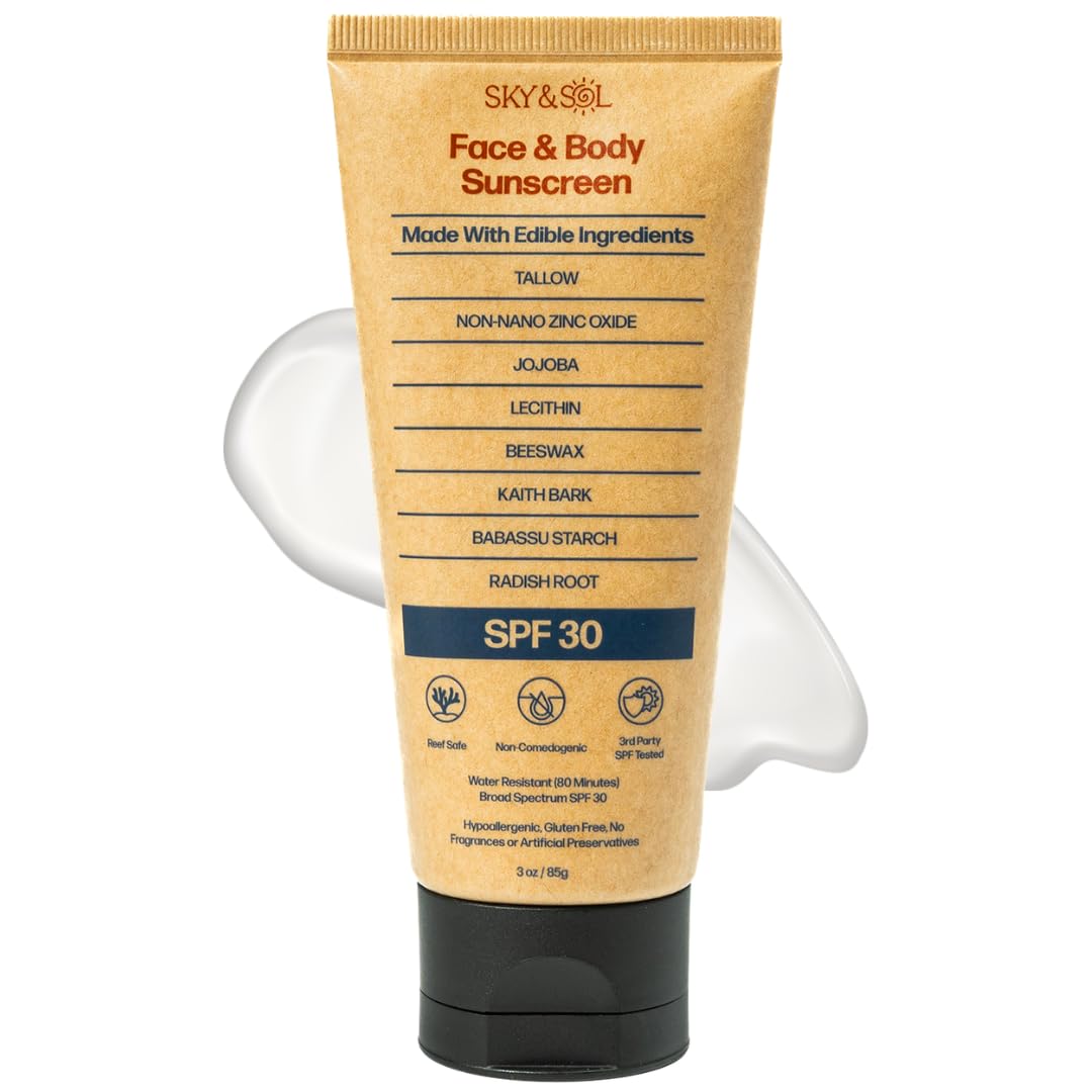 Sky And Sol Natural Mineral Sunscreen Spf 30 3 Oz: Natural Tallow & Zinc Oxide, Reef Safe, Water Resistant, Fragrance-Free, Non-Greasy Formula For Face And Body
