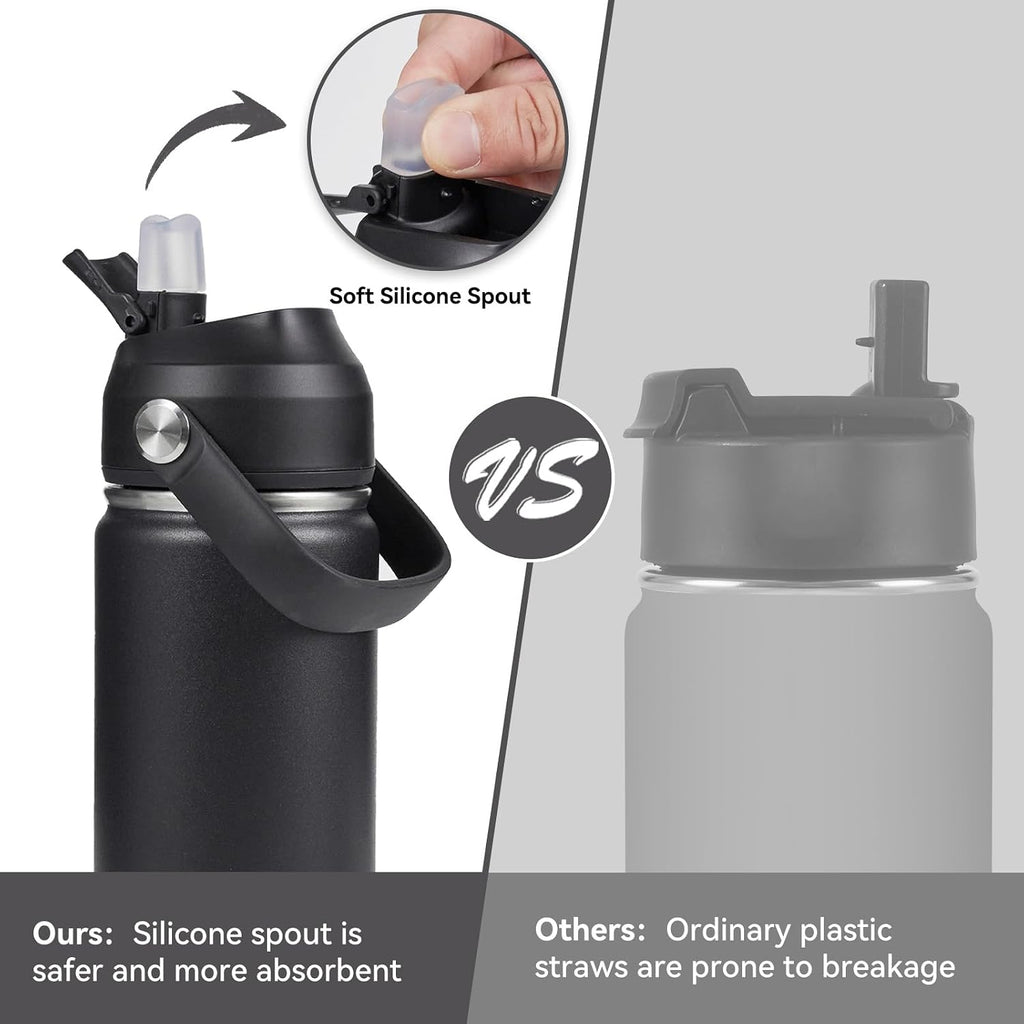 Fijinhom 18Oz Insulated Stainless Steel Water Bottle, Wide Mouth Double Wall Vacuum, Silicone Straw, Sweat & Leak Proof, Bpa Free Insulated Water Flask For Travel, Keep Cold 24H Hot 12H, Black