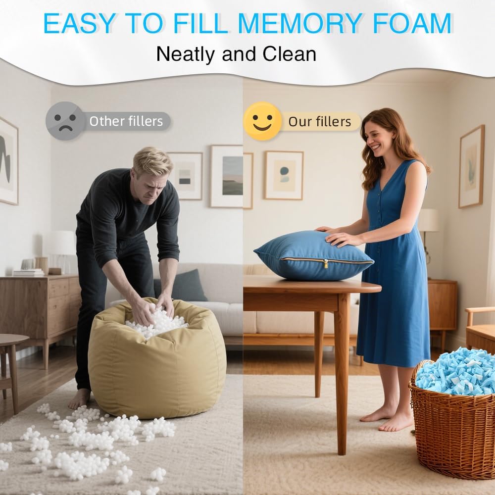Hem Dgpy Bean Bag Filler 10Lbs, Shredded Memory Foam Filling For Bean Bag Chair Refill, Stuffing For Pillow, Punching Bag, Dog Bed, Cushions, Couch (Blue & White)