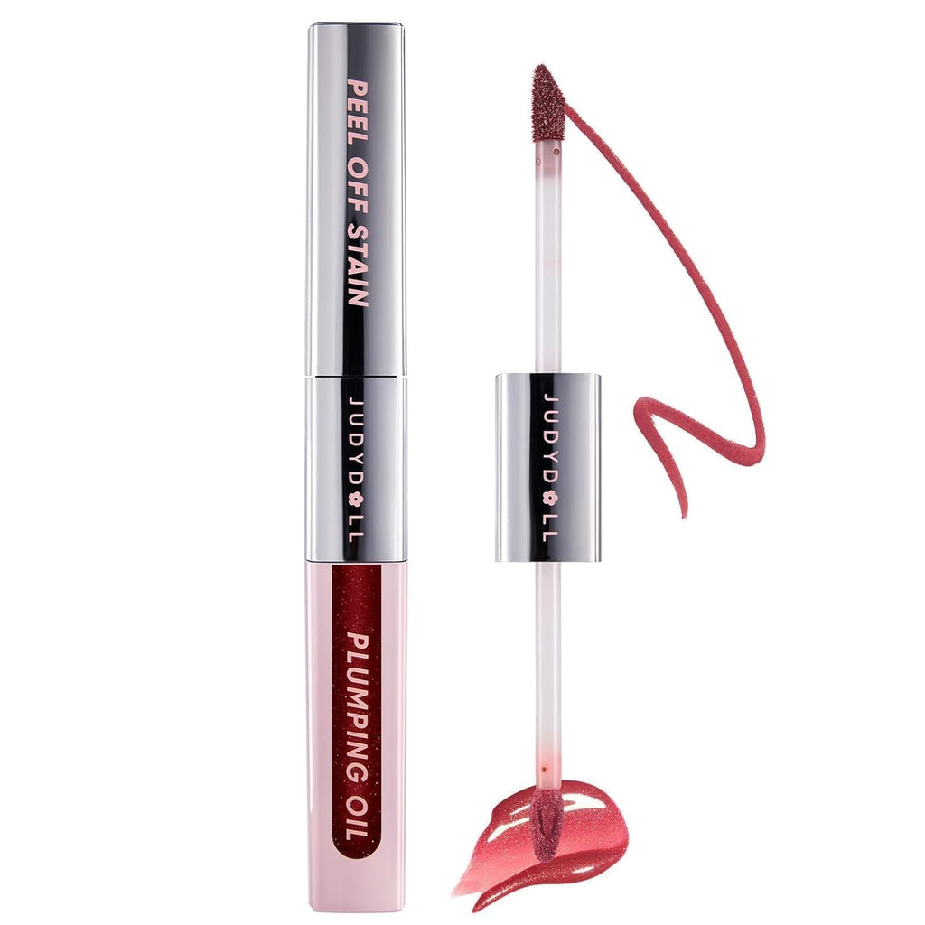 JUDYDOLL Peel Off Stain and Plumping Oil Duo - Long-Lasting Lip Stain with 3D Plumping Gloss, Hydrating and Non-Sticky Formula (#03 Cherry Spark)