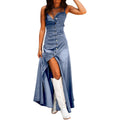 Chouyatou Women'S Spaghetti Strap Smocked Back Denim Dress Button Down A-Line Swing Flowy Maxi Jean Dress