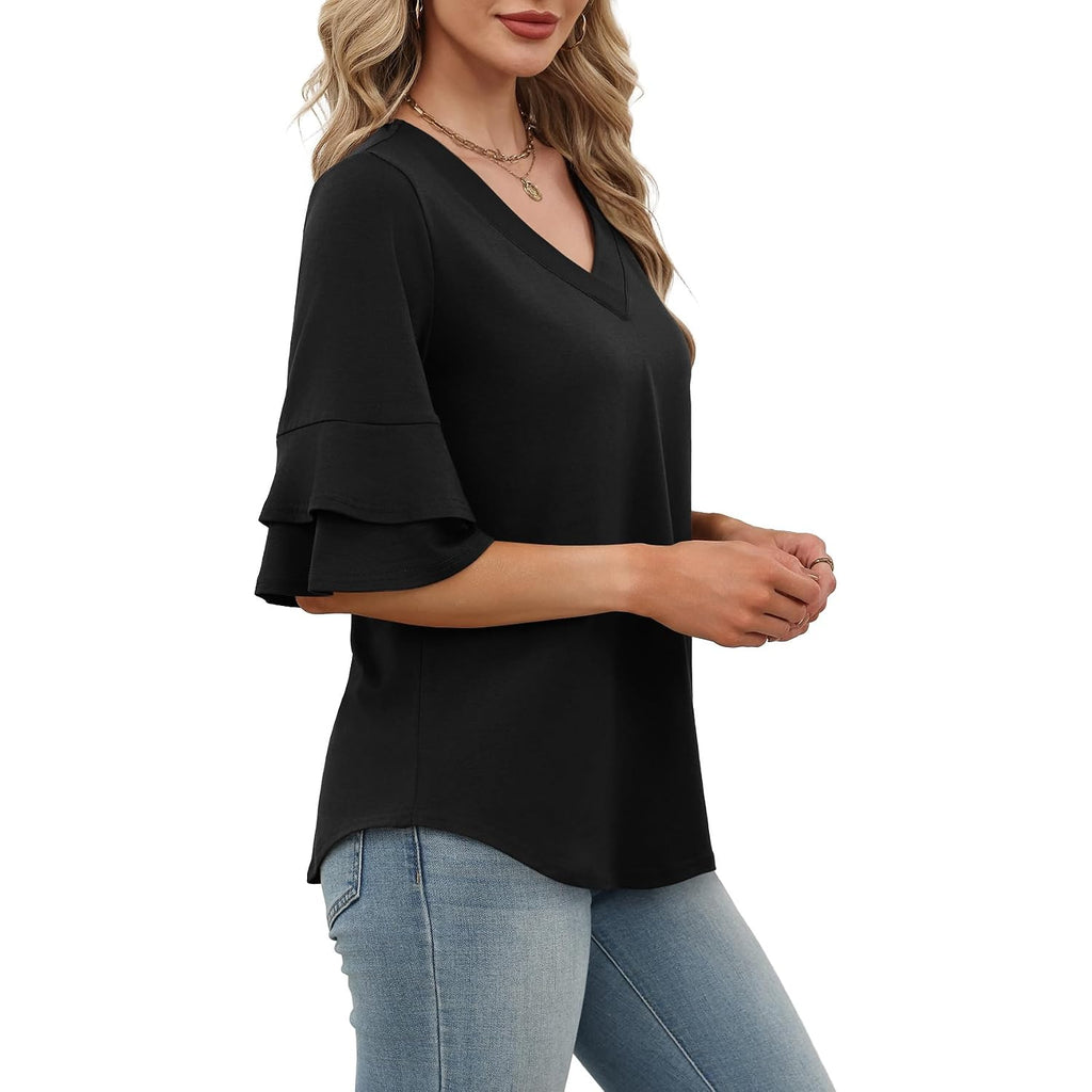 Ofeefan Spring Tops For Women Boho Shirts Fashion Clothing Cute 3/4 Length Sleeve Blouses Dressy Casual Summer Outfits