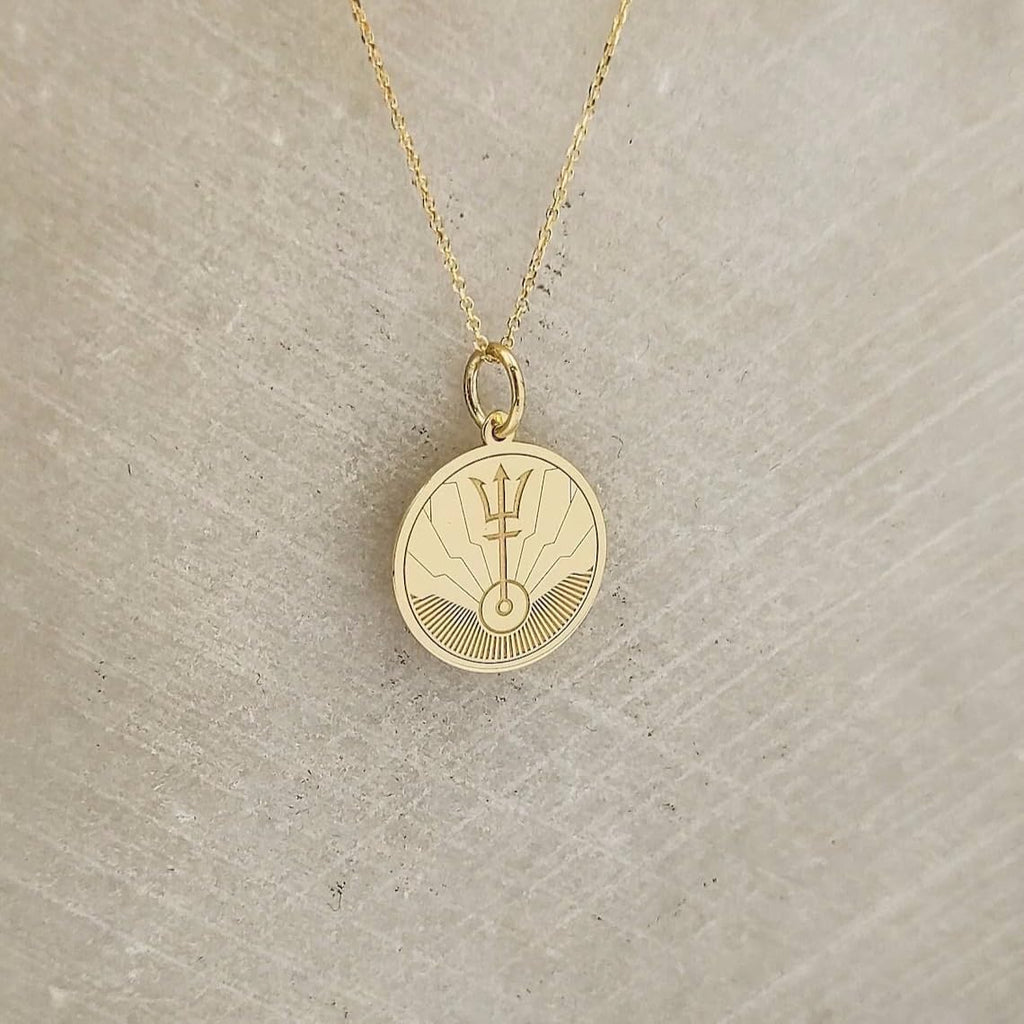 14K Solid Gold Trident Necklace – Ocean Inspired Pendant for Women & Men – Mythology Symbol Medallion Charm – Minimalist Sea Power Jewelry – Nautical Coin Necklace Gift