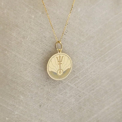 14K Solid Gold Trident Necklace – Ocean Inspired Pendant for Women & Men – Mythology Symbol Medallion Charm – Minimalist Sea Power Jewelry – Nautical Coin Necklace Gift