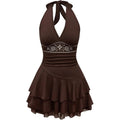 Soly Hux Women'S Summer Halter Backless Mini Dress Flowy Sleeveless V Neck Tie Back A Line Western Casual Sun Dresses