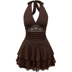 Soly Hux Women'S Summer Halter Backless Mini Dress Flowy Sleeveless V Neck Tie Back A Line Western Casual Sun Dresses