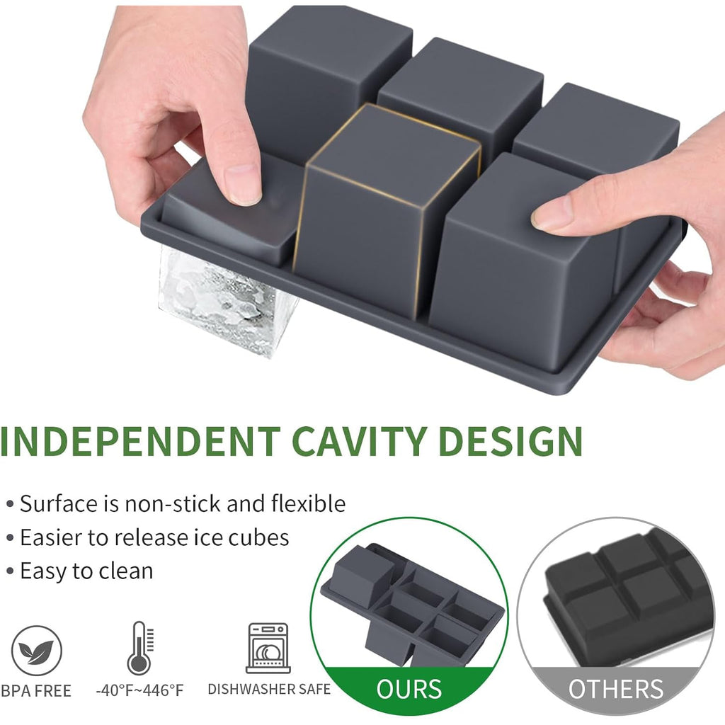 Large Ice Cube Tray For Whiskey: Fddbi Silicone Ice Cube Trays With Lid - 2Pack Big Square Old Fashioned Ice Cube Maker For Cocktail - 2Inch Huge Cubed Ice Trays For Whisky