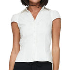 Seyumixi Y2K Button Up Shirt Women Short Sleeve V Neck Cropped Blouse Slim Fitted Collared Top Cute Preppy Coquette Tops