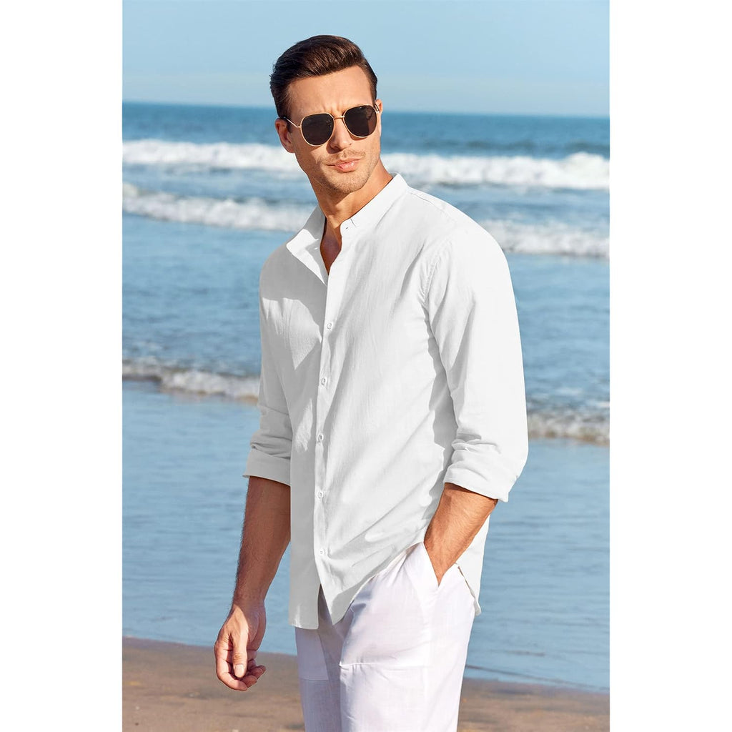 Makkrom Men Linen Shirt Button Down Long Sleeve Cotton Beach Band Collar Casual Summer Shirts