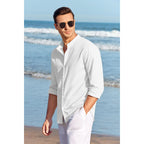 Makkrom Men Linen Shirt Button Down Long Sleeve Cotton Beach Band Collar Casual Summer Shirts