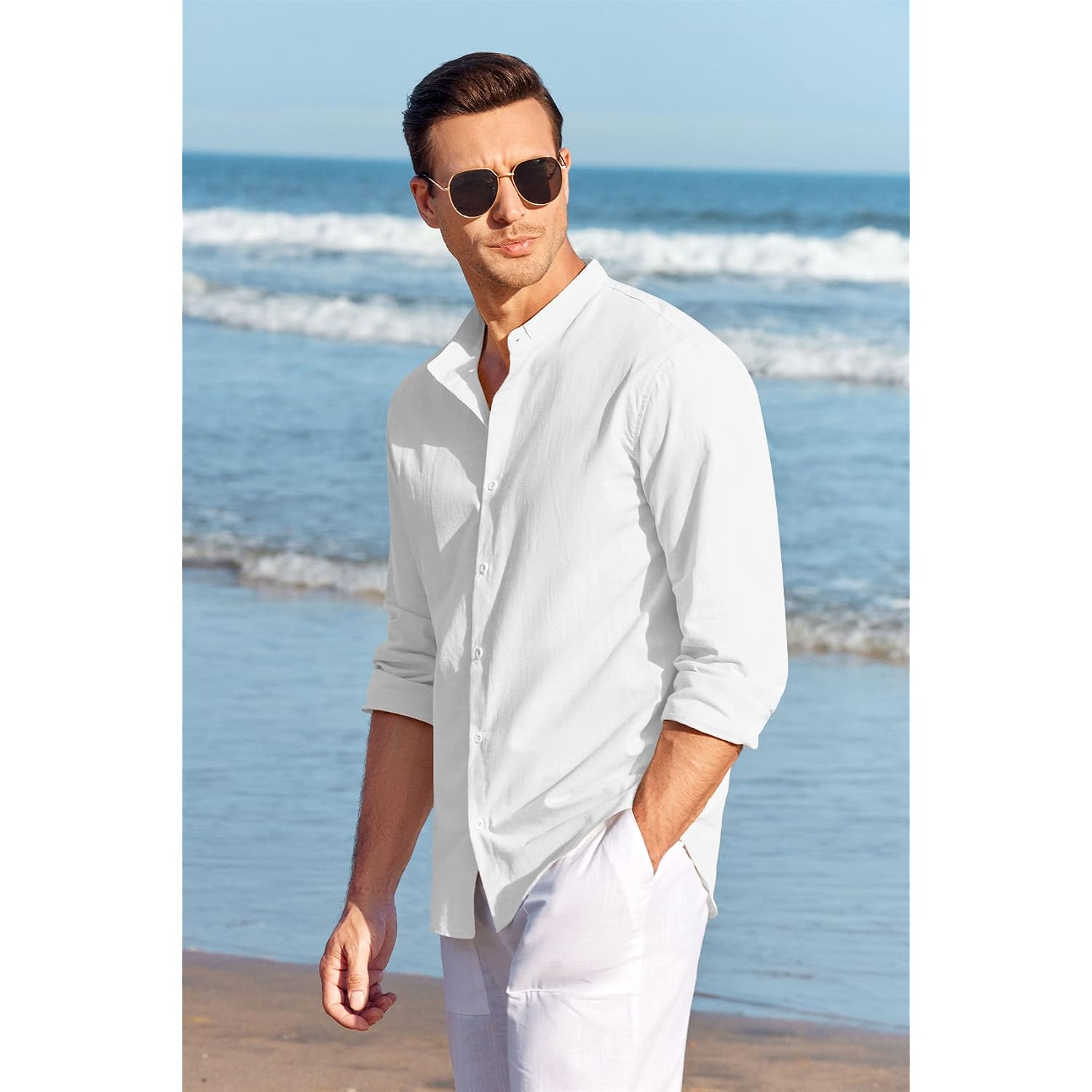 Makkrom Men Linen Shirt Button Down Long Sleeve Cotton Beach Band Collar Casual Summer Shirts