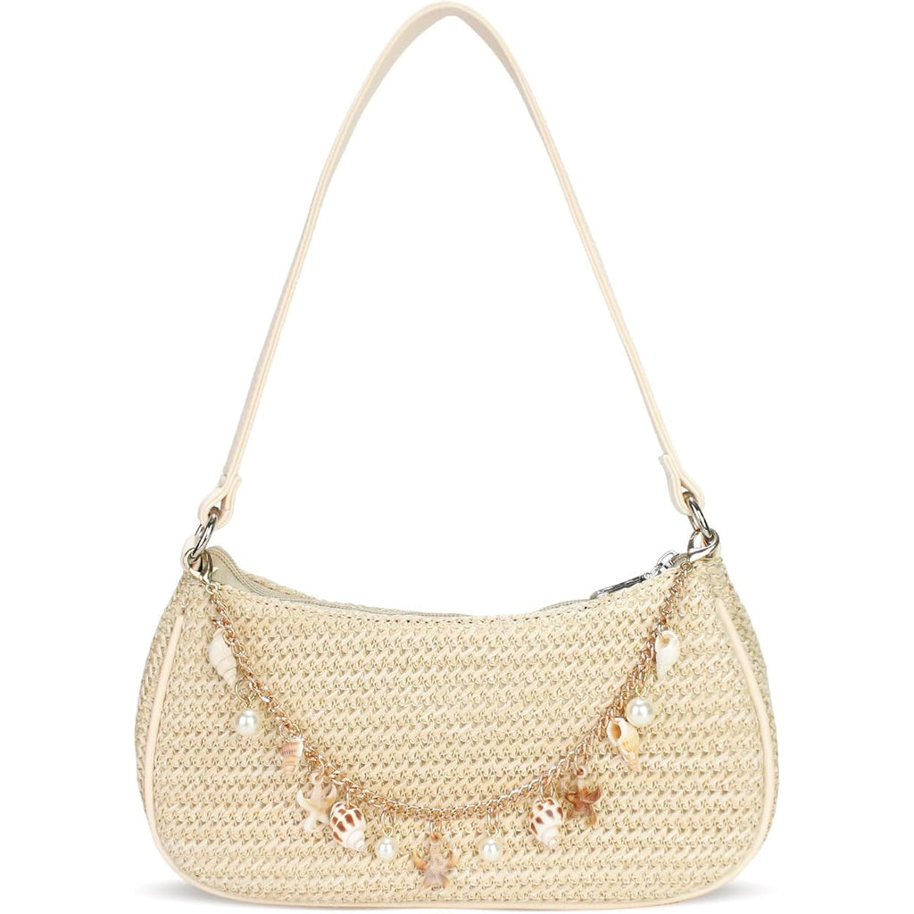Women'S Boho Seashell Pearl Beaded Straw Clutch Purse Summer Woven Beach Bag Vacation Shoulder Handbags