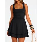 Trendy Queen Women'S Square Neck Summer Party Flowy Ruffle Hem Ruched Waist Mini Dress