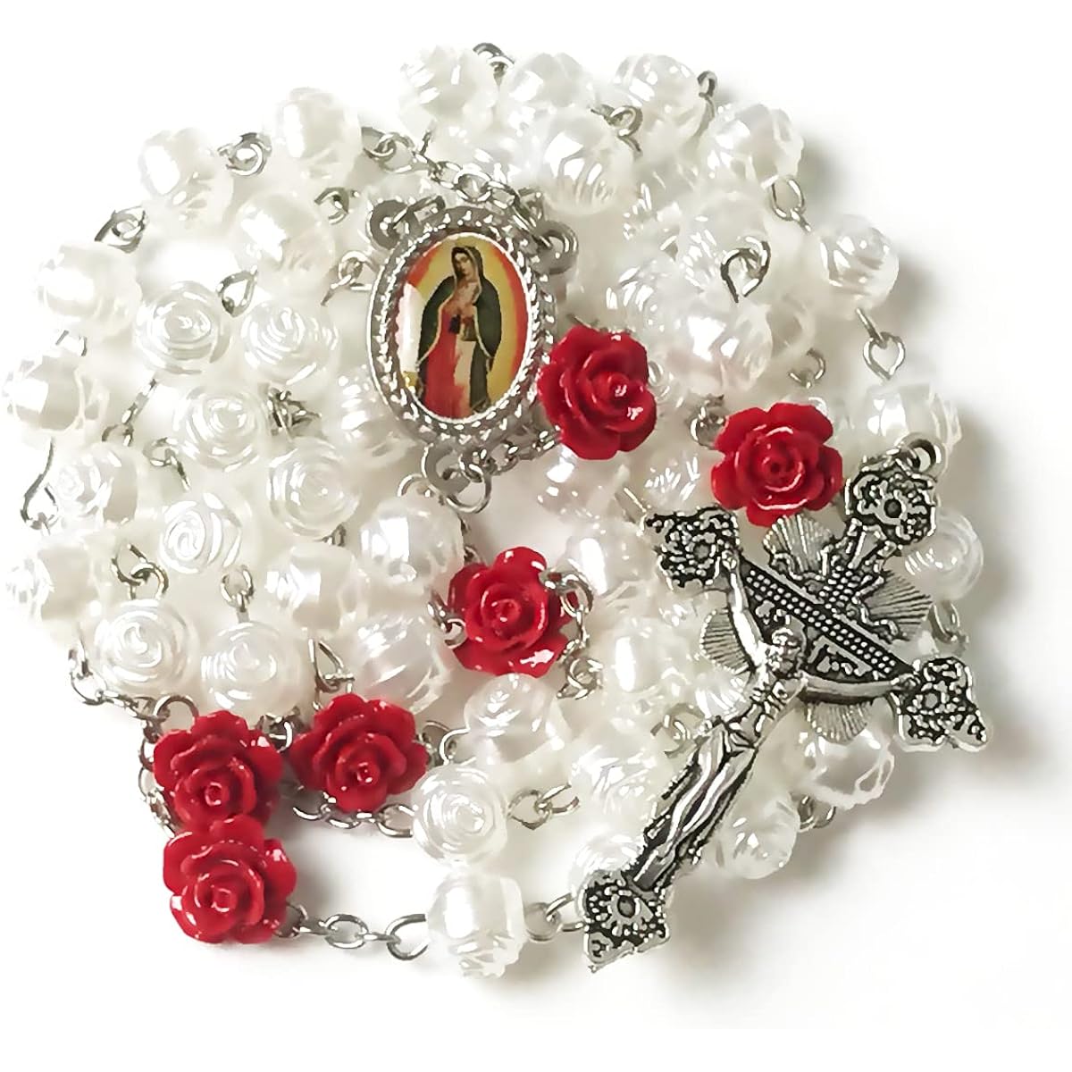 Our Lady of Guadalupe Pearly Rose Rosary Beads Catholic for Women - Catholic Gifts - Rosary Necklace for Women