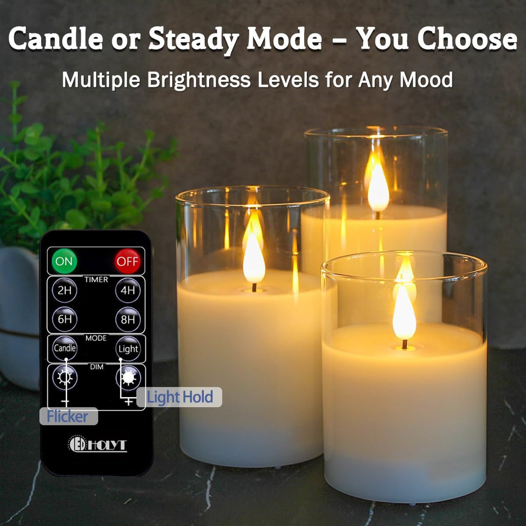 Glass Rechargeable Led Flickering Flameless Candles With Remote And Timer | Fake Candles Flickering Warm Led Flame For Centerpiece Table Decorations, Halloween, Christmas & Home Fall Decor (Pack Of 3)