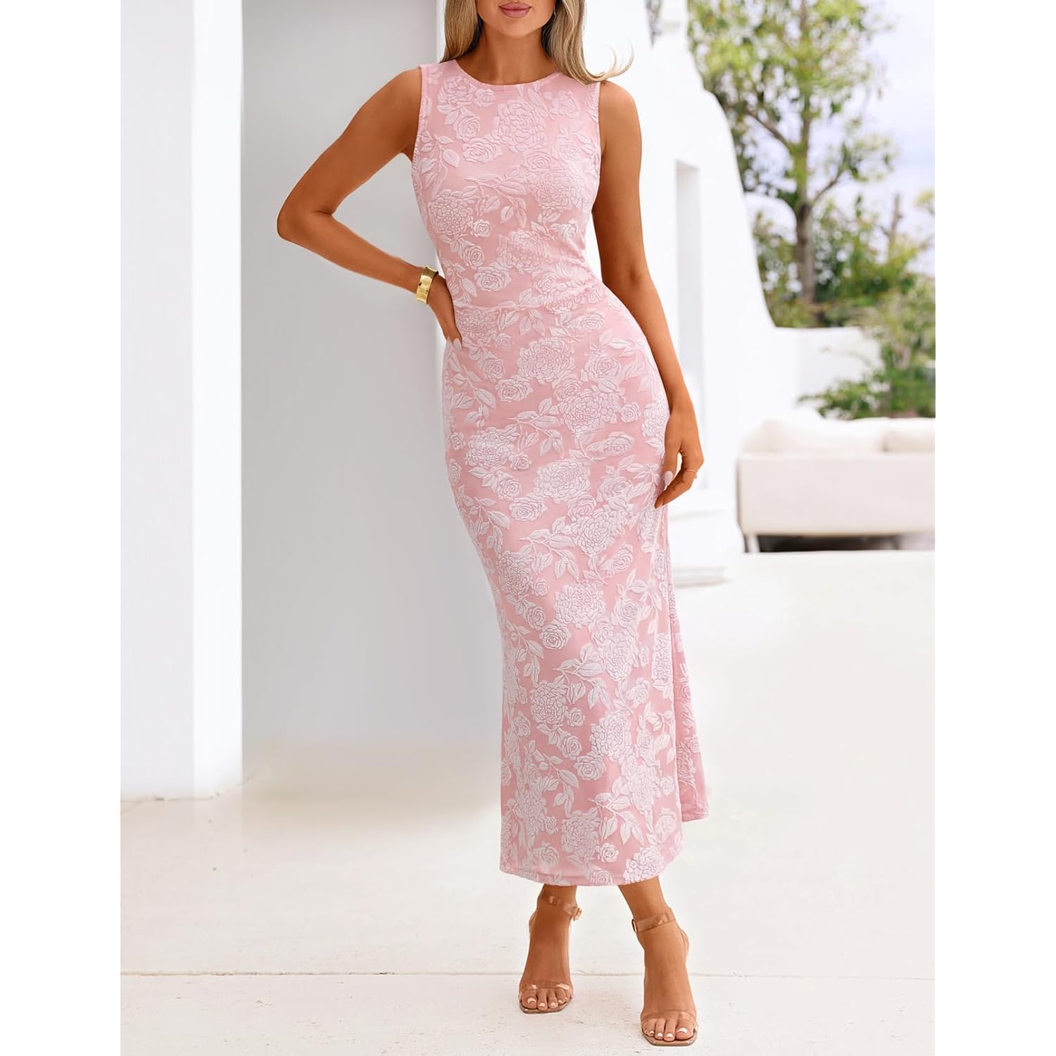 Merokeety Women'S Summer Wedding Guest Maxi Dress 2026 Sleeveless Floral Bodycon Mesh Cocktail Formal Party Long Dresses