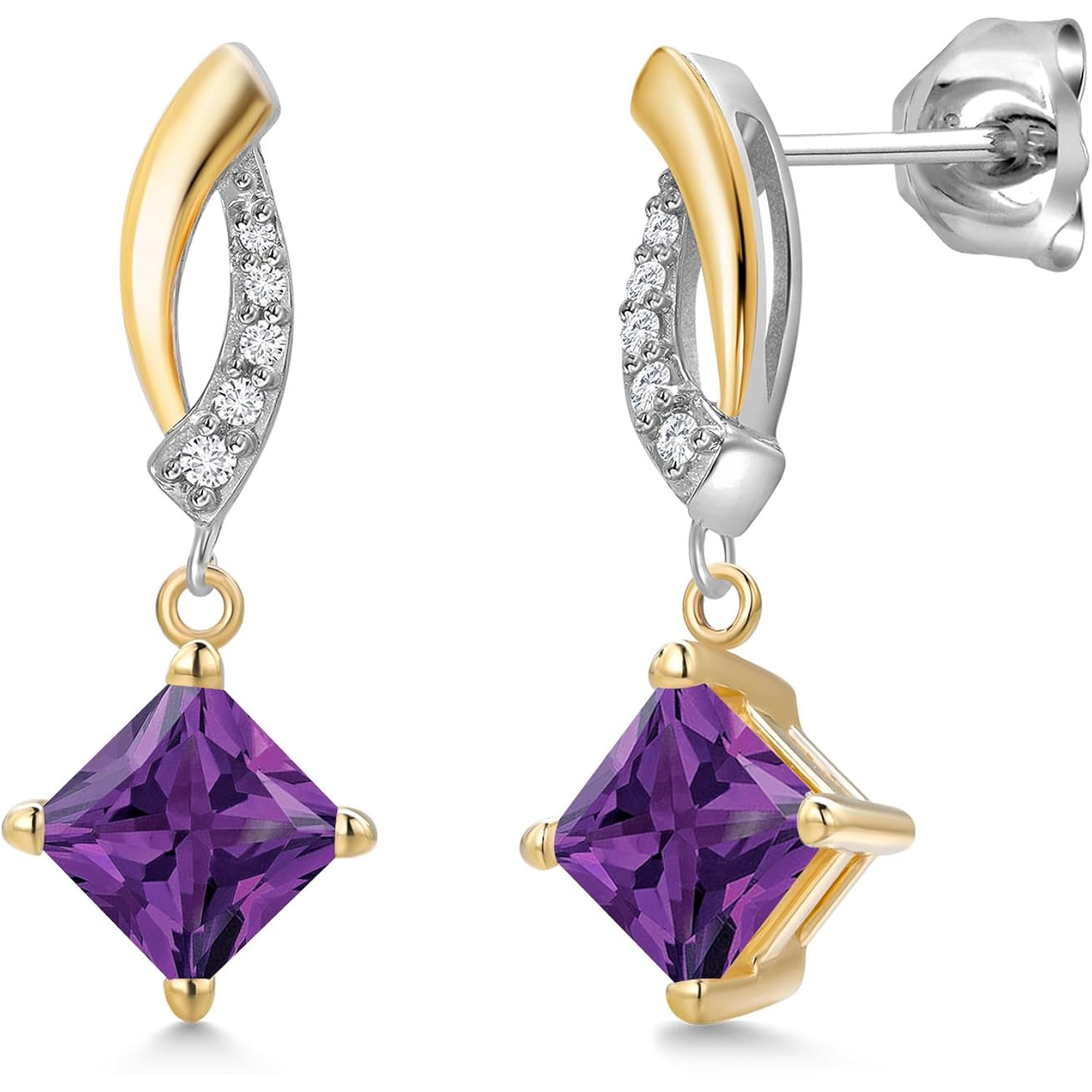 Gem Stone King 5MM Princess Cut Gemstone Birthstone and White Lab Grown Diamond Dangle Earrings for Women | 925 Silver and 10K Yellow Gold | Fine Jewelry Gifts for Women Mom Wife Her