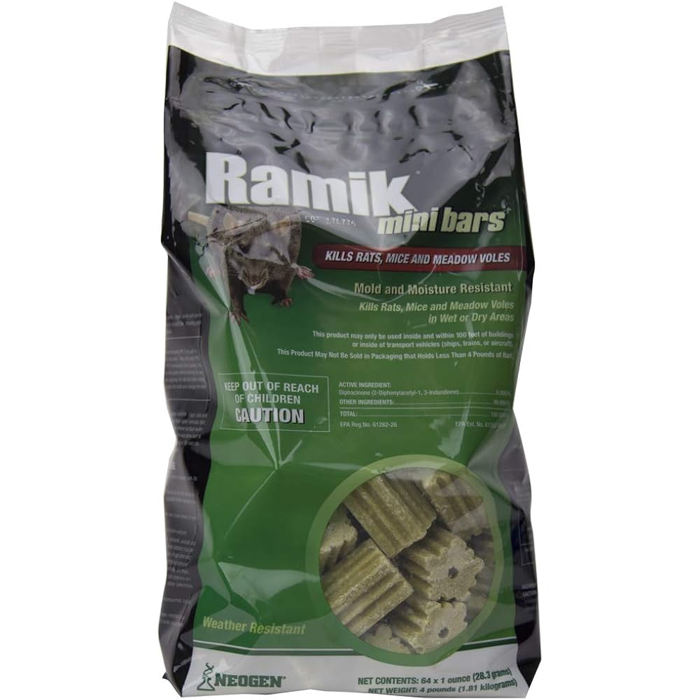 Neogen Ramik Fish Flavored Weather Resistant Rodenticide Mini Bait Bars, 4-Pound Pouch, Multicolor (116331)