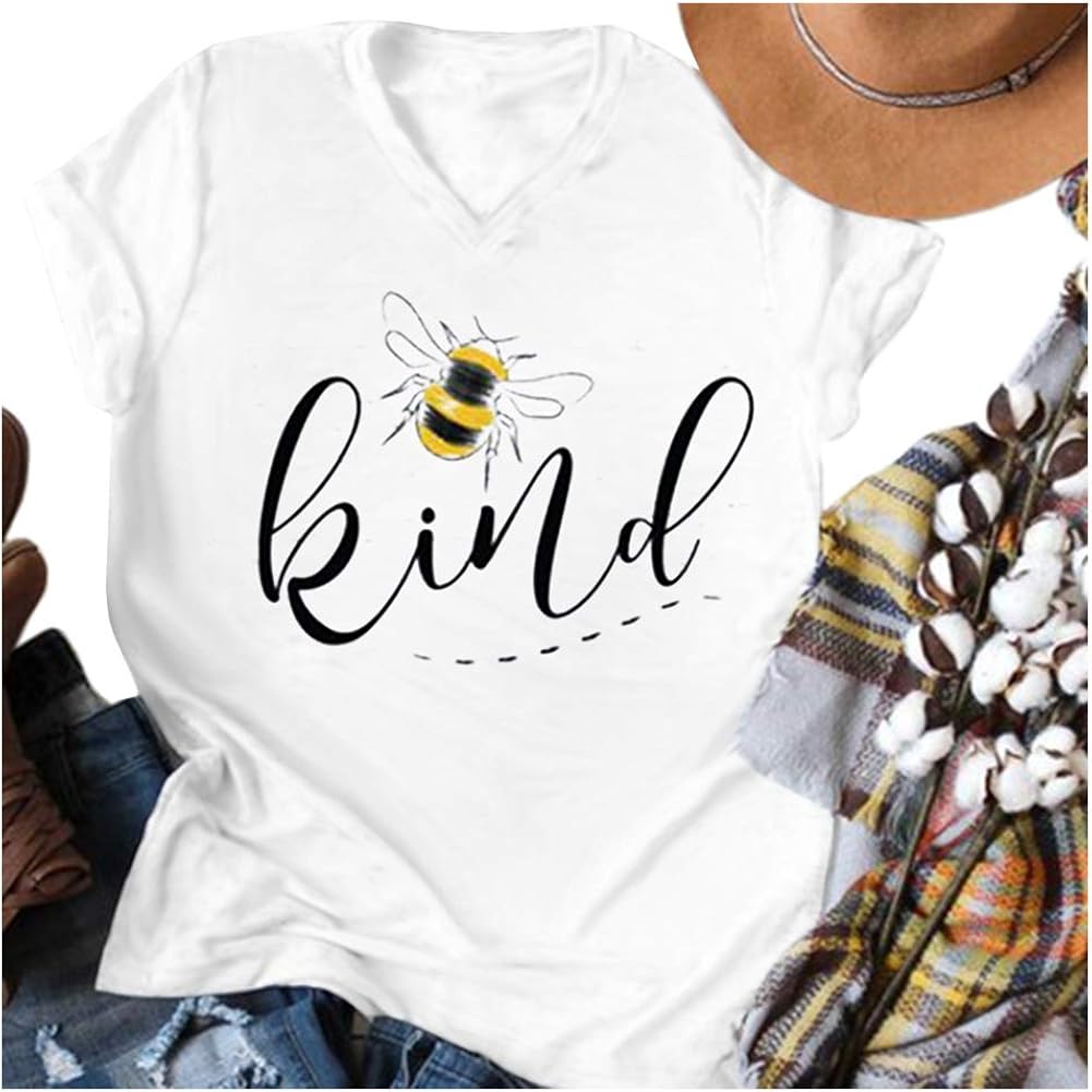 Womens Be Kind Graphic Tees V Neck Cute Printed Summer Casual T Shirts Tops White