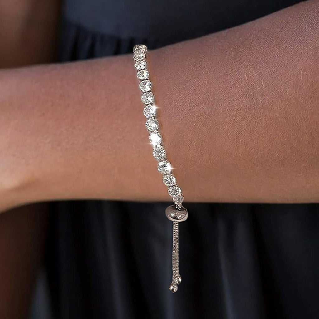 Tennis Bracelets for Women White Gold Plated Diamond AAA+ Cubic Zirconia CZ Dainty Classic Adjustable Slider Bracelet Silver Fashion Jewelry Wedding Gift