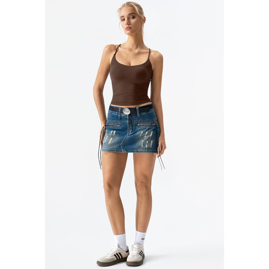 QINSEN Womens Cross Back Tank Top V Neck Double Lined Camisole Top Sleeveless Spaghetti Strap Going Out Tops