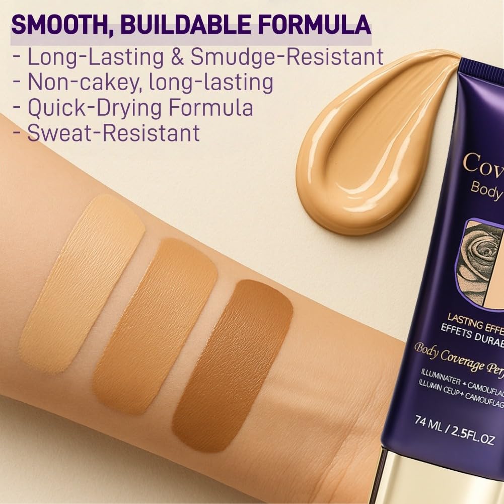 Waterproof Body Concealer With Body Brush for Leg & Body Makeup, Buildable Coverage Body Foundation for Uneven Skin Tone, Fine Lines & Dark Spots, Long-Lasting, Transfer-Resistant Natural Finish