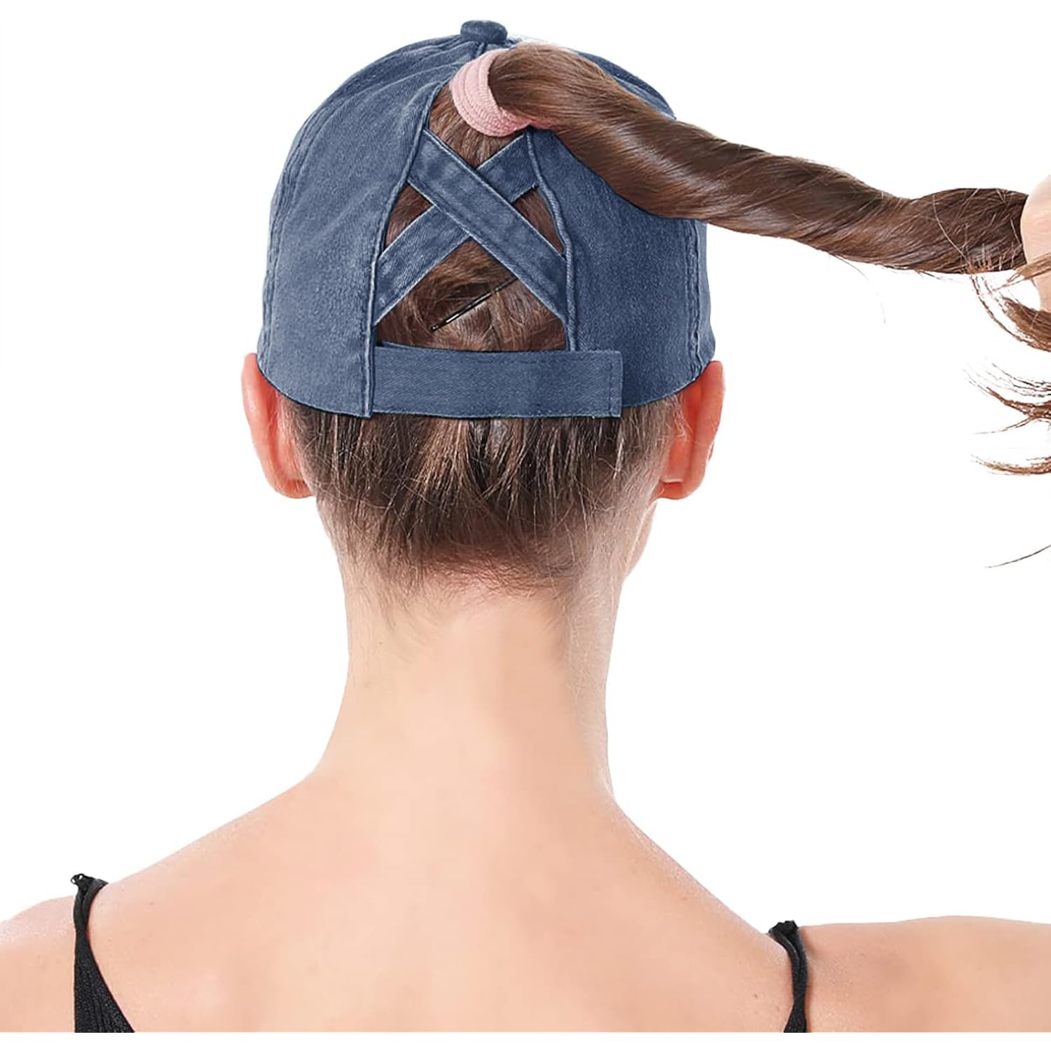 Womens Criss Cross Ponytail Baseball Cap Distressed Ponytail Hat High Messy Bun Trucker Ponycap for Outdoor Sports Navy Blue