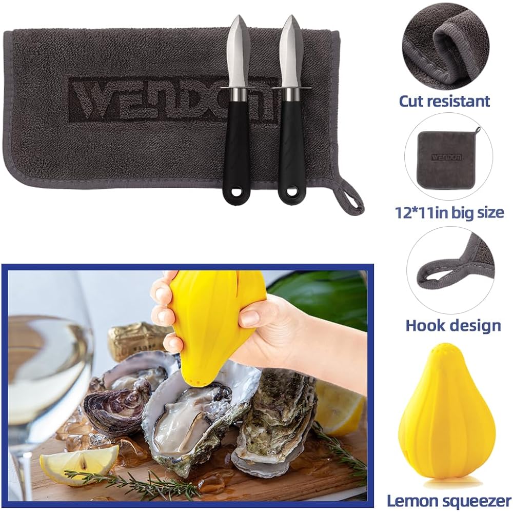 Oyster Knife Shucker Set Oyster Shucking Knife and Gloves Cut Resistant Level 5 Protection Seafood Opener Kit Tools Gift(2knifes+2Glove+1Cloth)