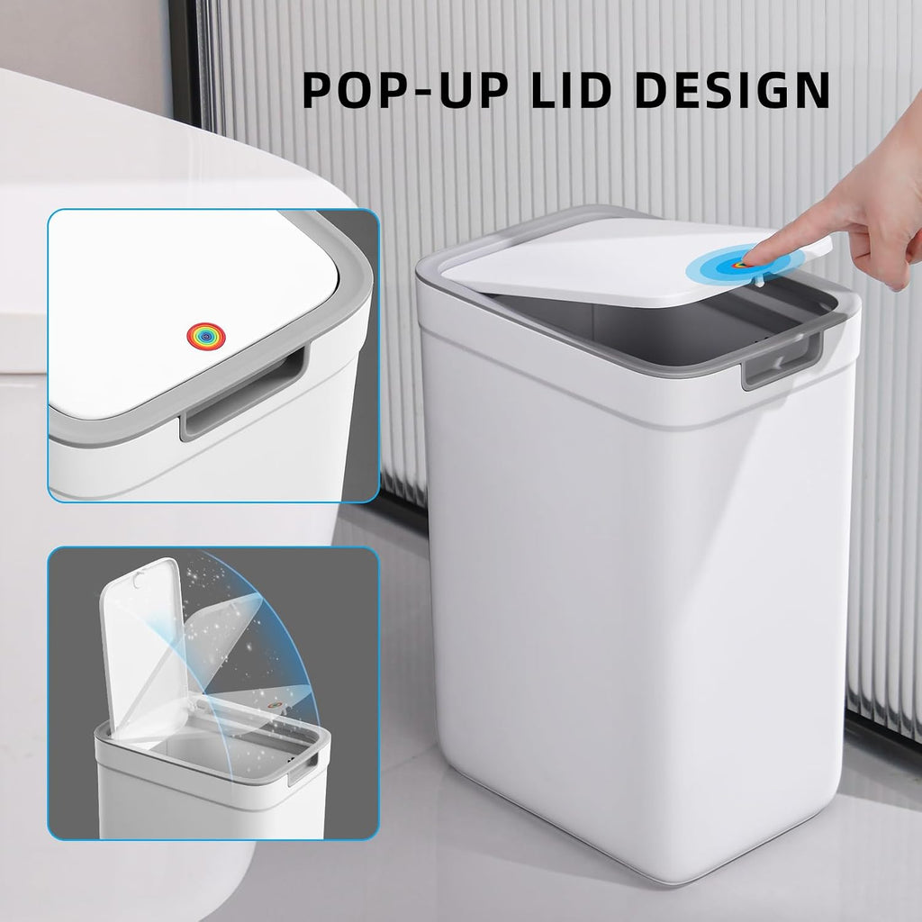 2 Pack Bathroom Trash Can With Lid, 3.6Gal + 2.5Gal Small Garbage Can Set With Pop-Up Lid, Slim Trash Bin Waste Basket For Toilet, Office, Bedroom, Living Room (White)