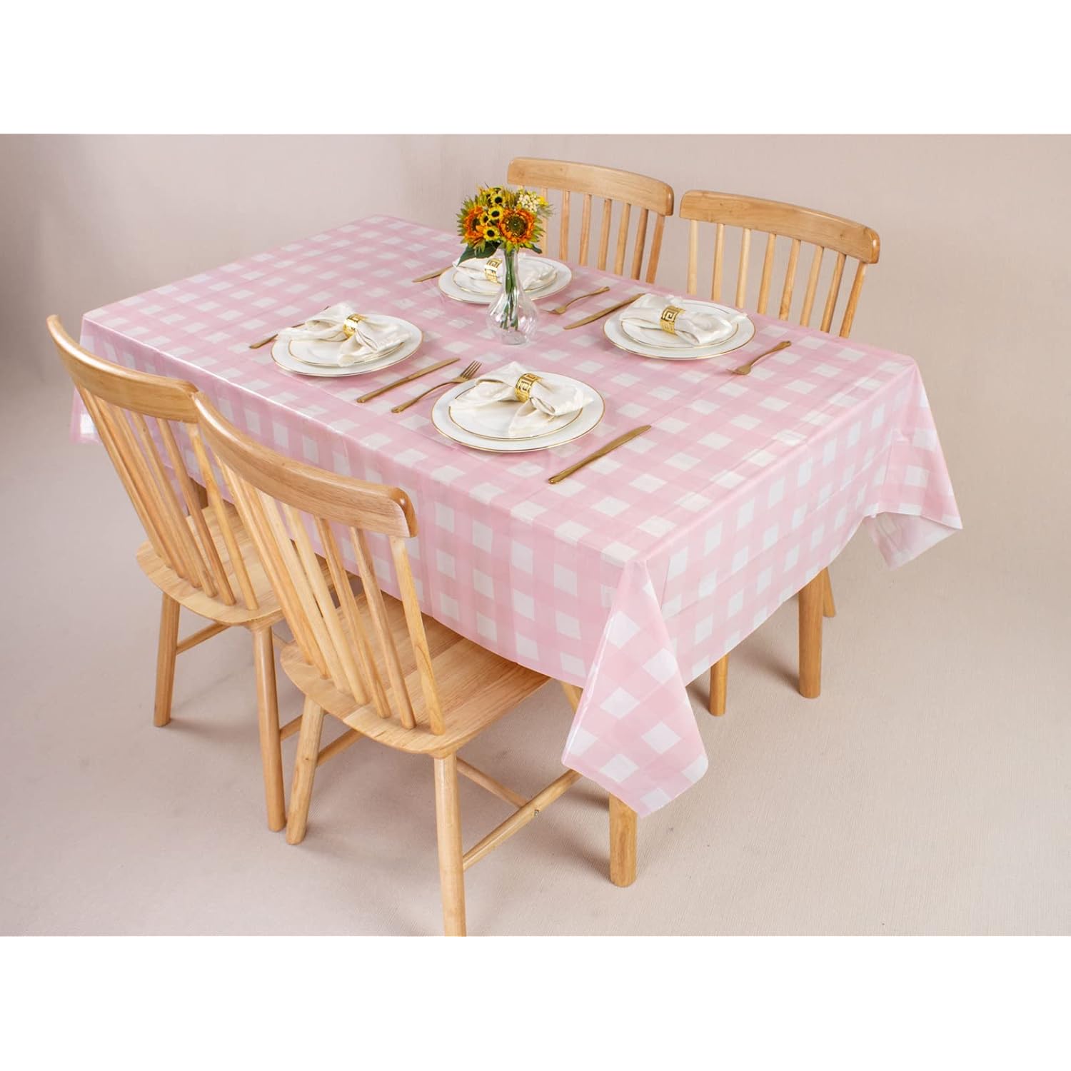 Kesfey 3 Packs Pink Gingham Tablecloth Pink and White Checkered Tablecloths 54 x 108 Inches Disposable Plastic Gingham Tablecovers Waterproof Rectangle Picnic Table Covers for Birthday Party Supplies