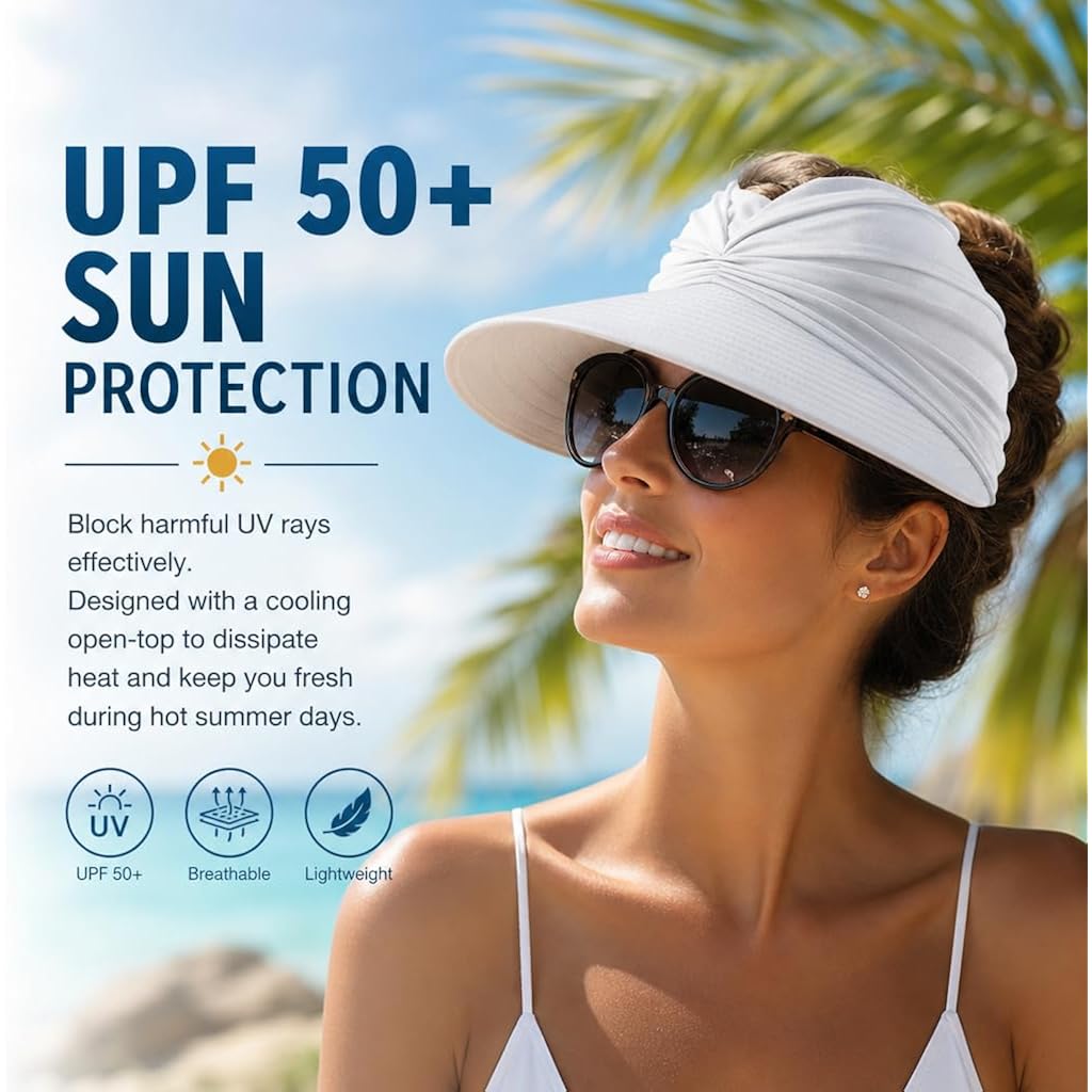 2 Pack Women's UPF 50+ UV Protection Sun Visor Hat, Sun Visor Hat for Women, Wide Brim Lightweight Foldable Ponytail Cap for Summer Beach, Foldable Golf Visor (Black and White)