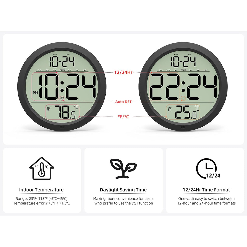 Digital Wall Clock Battery-Operated, 8 Inch Small Decorative Modern Wall Clock With Date, Temperature, Auto-Dst, Silent Electric Wall Clock For Bedroom, Living Room, Kitchen, Office, Farmhouse -Black