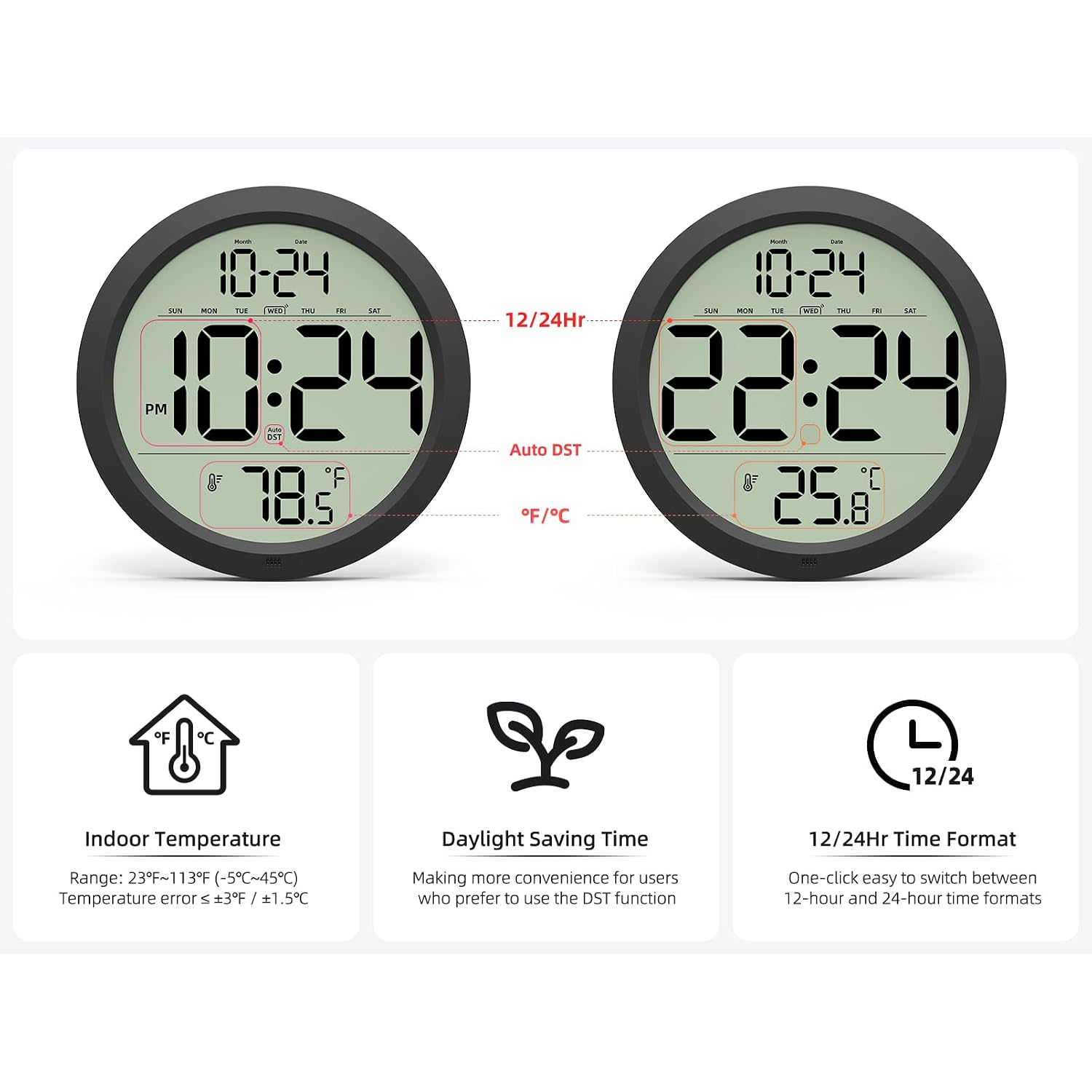 Digital Wall Clock Battery-Operated, 8 Inch Small Decorative Modern Wall Clock With Date, Temperature, Auto-Dst, Silent Electric Wall Clock For Bedroom, Living Room, Kitchen, Office, Farmhouse -Black