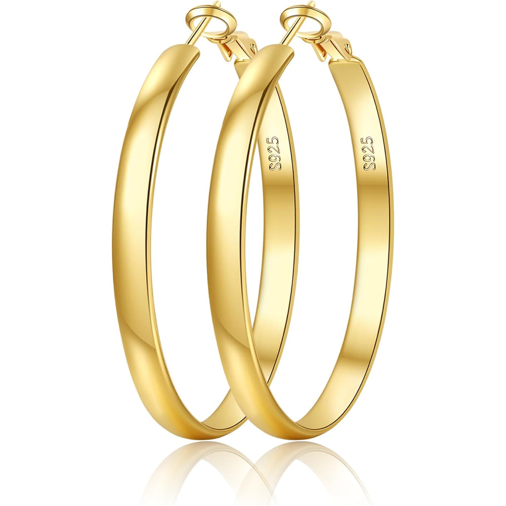 EXGOX 5mm Wide Gold Hoop Earrings for Women,Sterling Silver Hoop Earrings Large Silver Hoop Earrings Hypoallergenic Lightweight 14K Real Gold Plated Big Hoop Earrings for Women 30/40/50/60/70mm