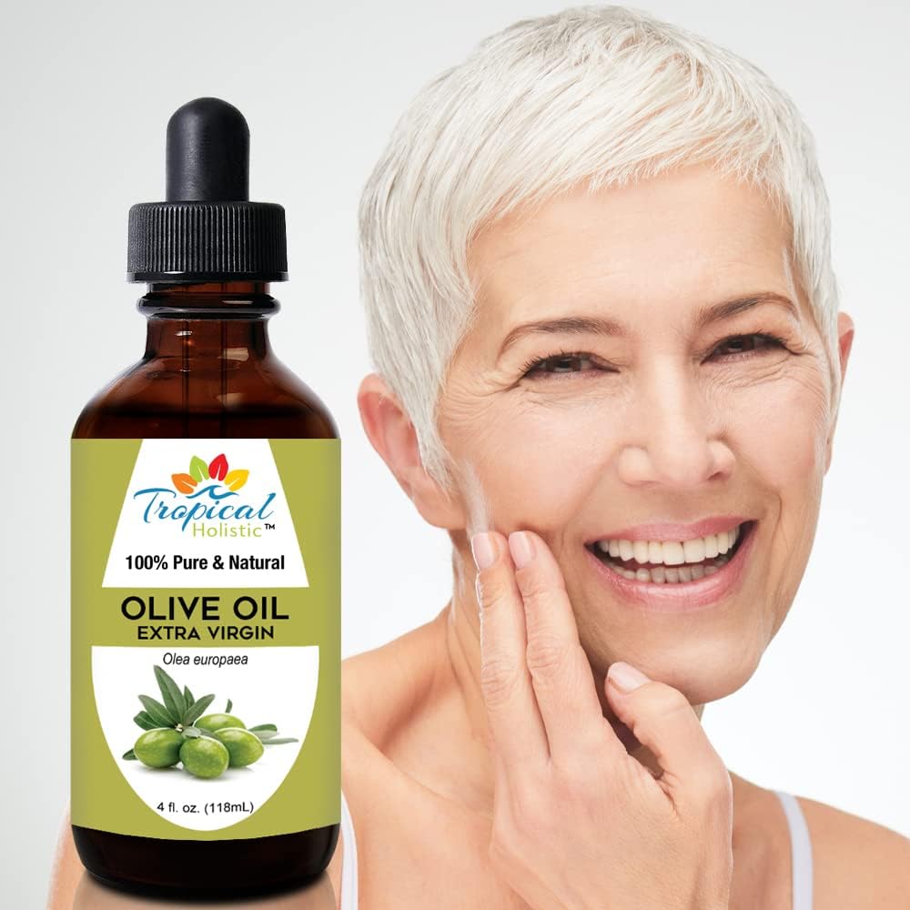 Tropical Holistic Extra Virgin Organic Olive Oil 4 Oz - Cold Pressed Unrefined - Use For Face, Skin, Hair, Dry Scalp, Massage