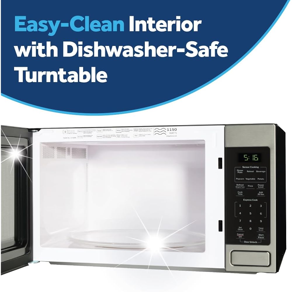 Ge Countertop Microwave Oven, 1150 Watt, 1.6 Cu. Ft., Stainless Steel | 8 Convenience Cook Settings, One-Touch Controls, Child Lock Technology, Glass Turntable, For Kitchen, Dorm, Office, Apartment