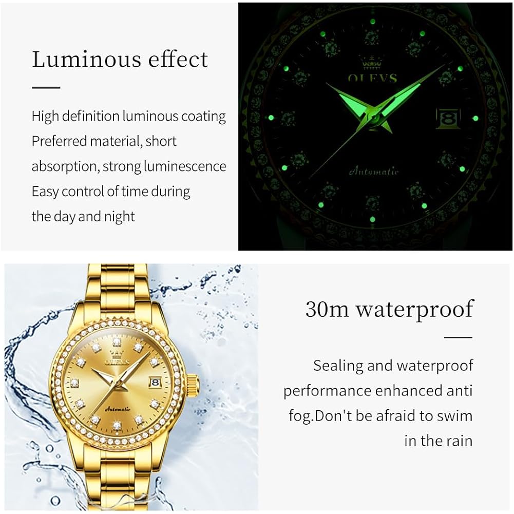 Olevs Womens Diamond Watches Automatic Mechanical Gold Luxury Dress Ladies Self Winding Original Stainless Steel Wrist Watch