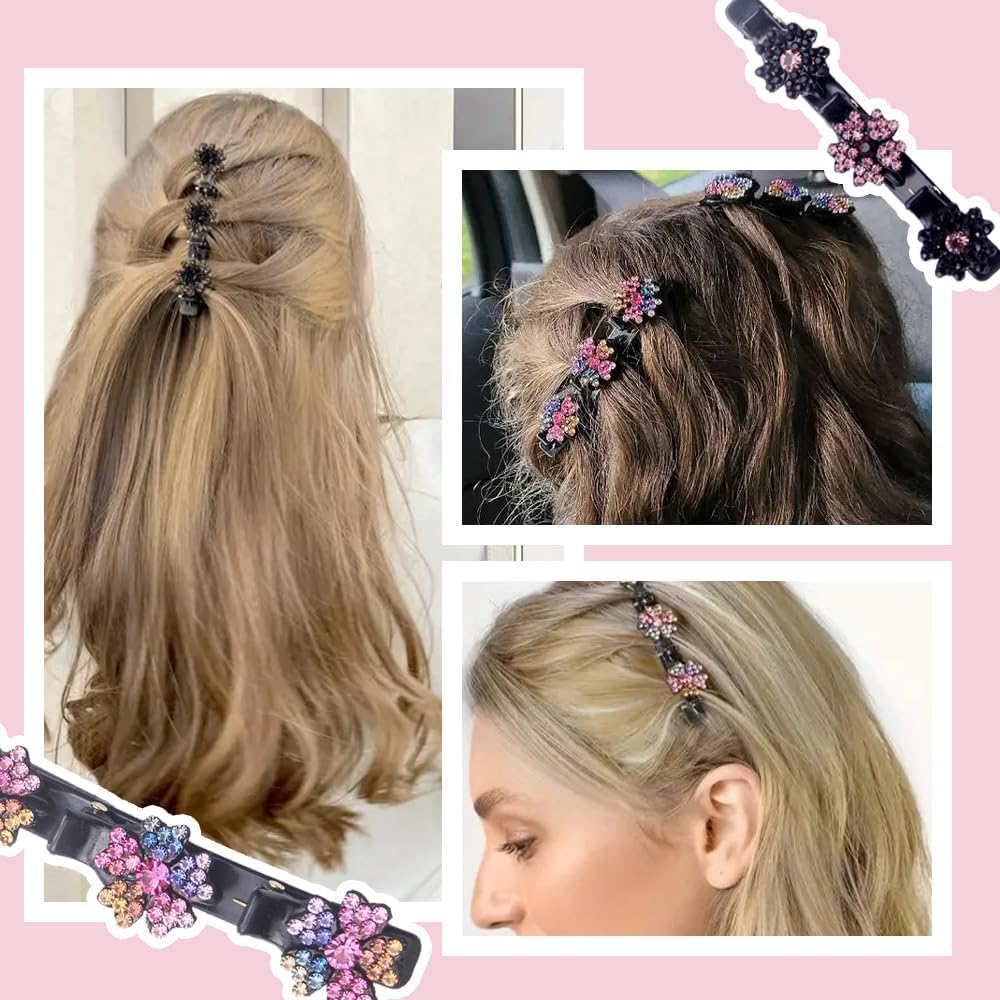 3 Pcs Sparkling Crystal Stone Braided Hair Clips, 2025 New Satin Fabric Hair Bands Rhinestone Four-Leaf Clover Hair Clip For Styling, Duck Bill Clips For Women Girls, Color F