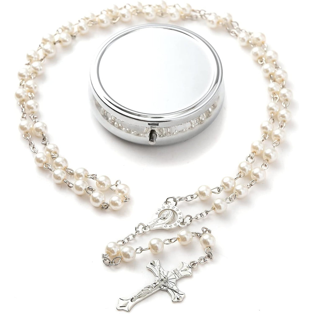 Rosary Beads Catholic - Confirmation Gifts for Teenage Girl, Silver Simple Style Metal Gift Box, White Artificial Pearls Rosary, Gifts for Women