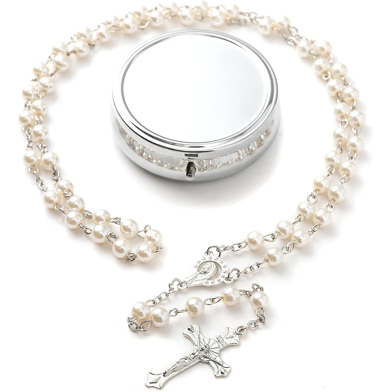 Rosary Beads Catholic - Confirmation Gifts for Teenage Girl, Silver Simple Style Metal Gift Box, White Artificial Pearls Rosary, Gifts for Women