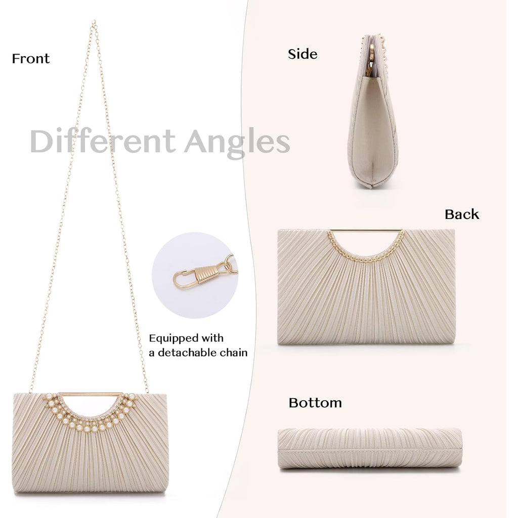 Emprier Pleated Satin Clutch For Women, Elegant Evening Bag Fits Large Smartphones, Formal Wedding Purse With Chain