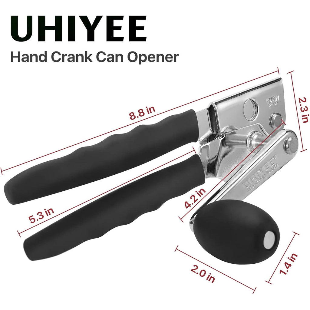 Commercial Can Opener, Uhiyee Hand Crank Can Opener Manual Heavy Duty With Comfortable Extra-Long Handles, Oversized Knob, Large Handheld Can Open Easy For Big Cans, Black