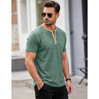 Men'S Henley Shirt Casual Button Short Sleeve T-Shirt Summer Patchwork Color Block Tee Shirts