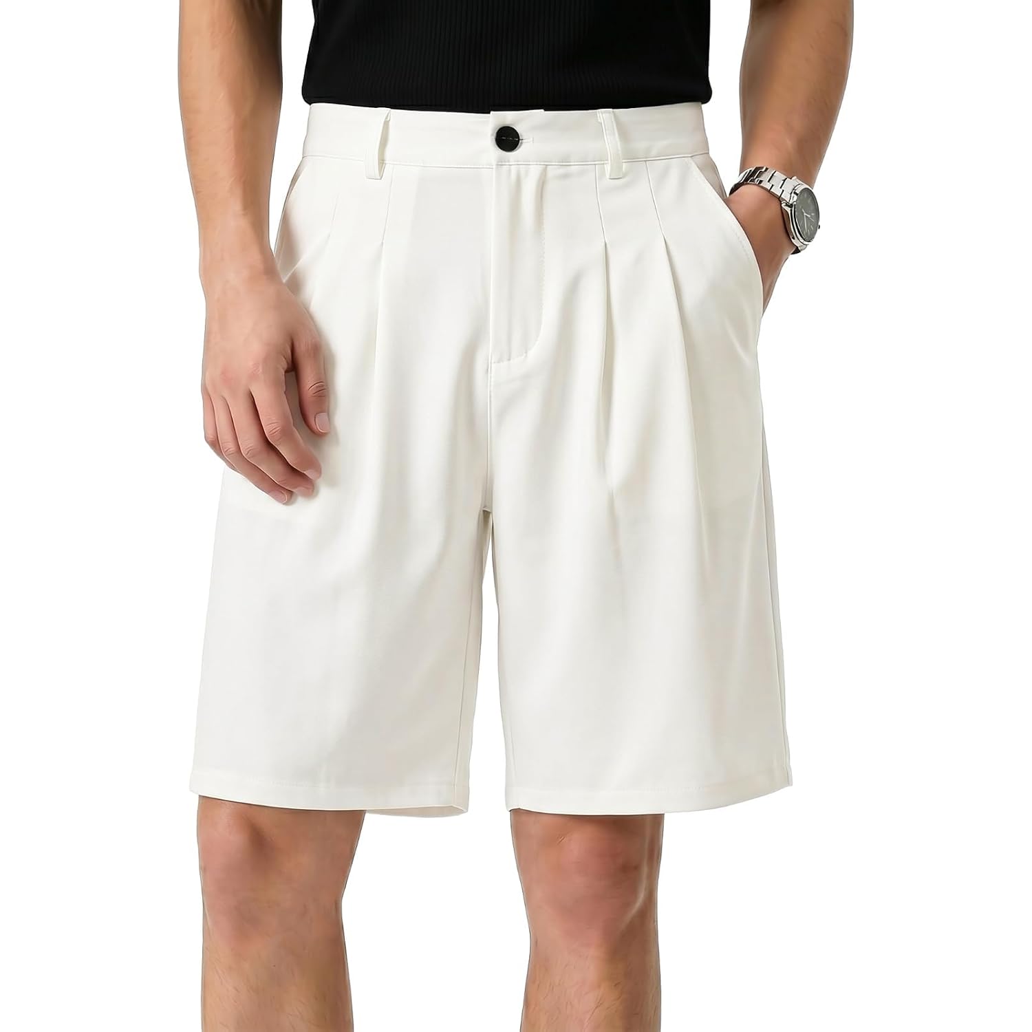 Heyfanee Mens Baggy Pleated Dress Shorts Elastic Waist 9 Inch | Chino Bermuda Shorts,Loose Fit ,Knee Length,Stretch Waistband,Wide Leg,Perfect For Golf Business Casual Summer