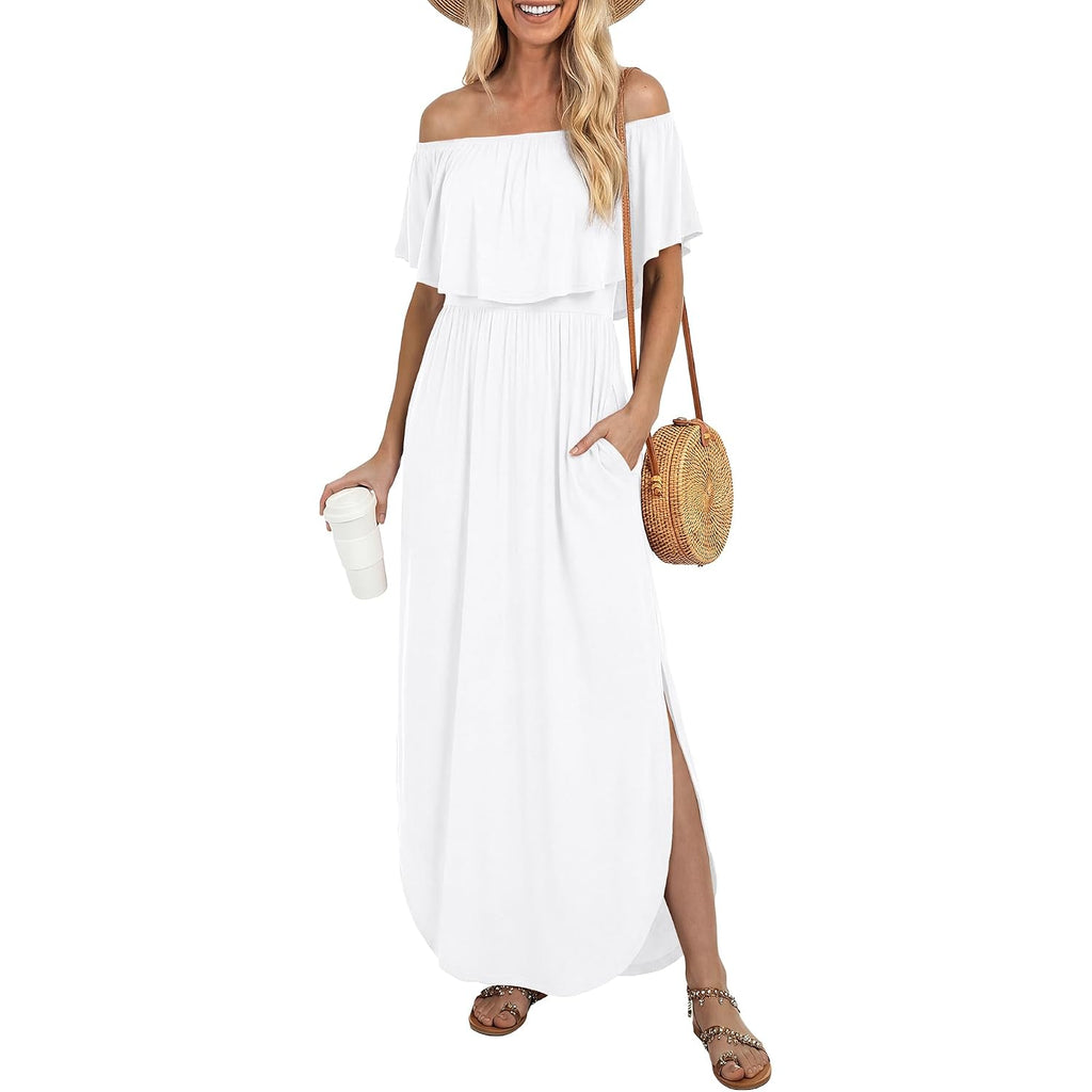 Lilbetter Womens Off The Shoulder Ruffle Party Dresses Side Split Beach Maxi Dress
