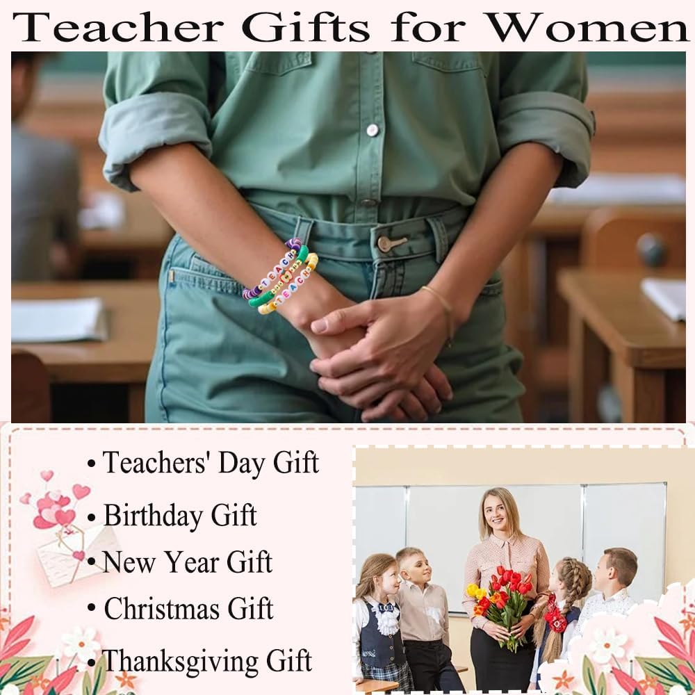 COLOYAN 18PCS Teacher Appreciation Gifts for Women Men, Teacher Gifts Wooden Beaded Bracelet elastic Clay Bracelet, Birthday Christmas Thanksgiving Thank You Gifts for Teachers