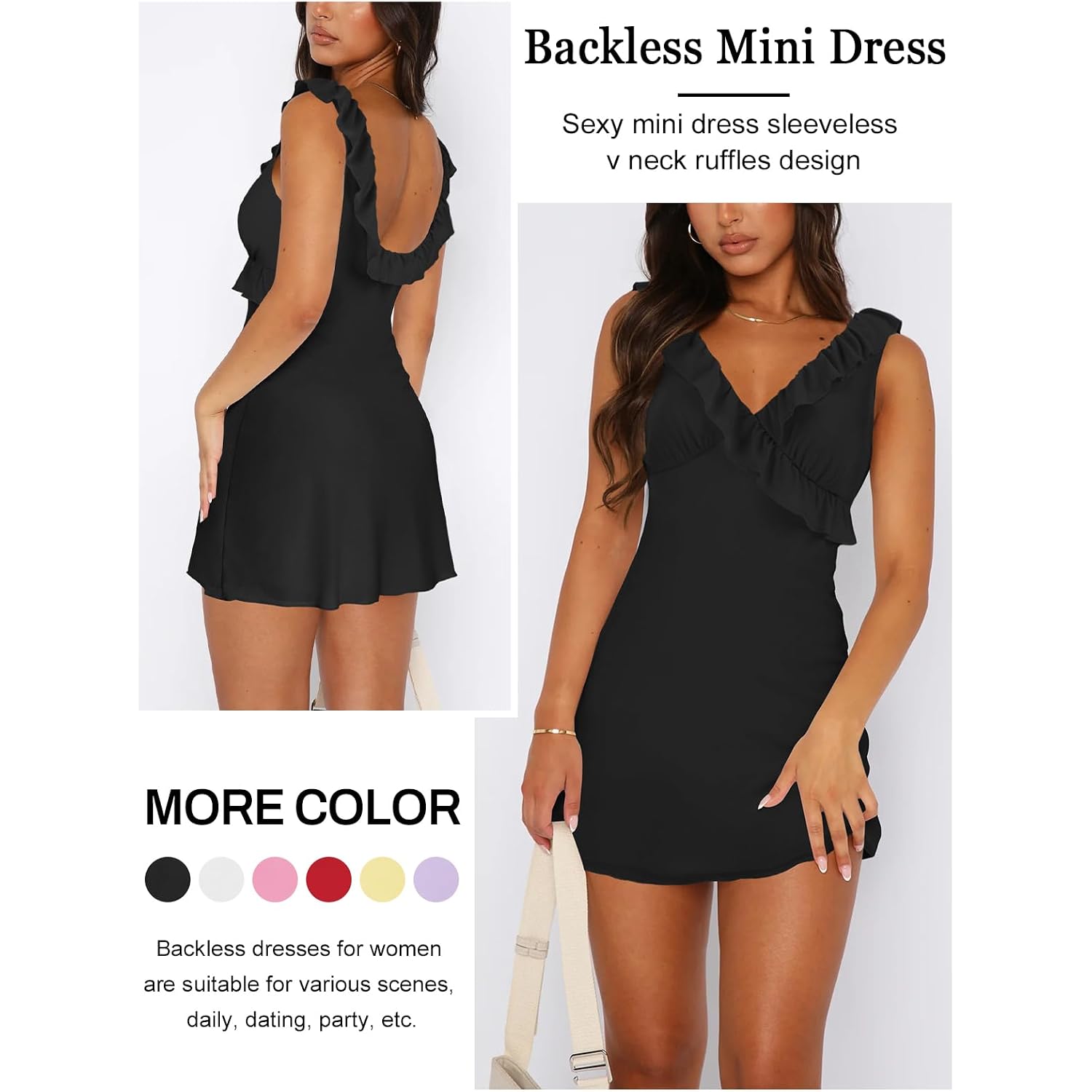 Miyieonz Women'S Sexy V Neck Sleeveless Backless Ruffles Dress For Women Elegant Mesh Party Fitted Cocktail Mini Dresses