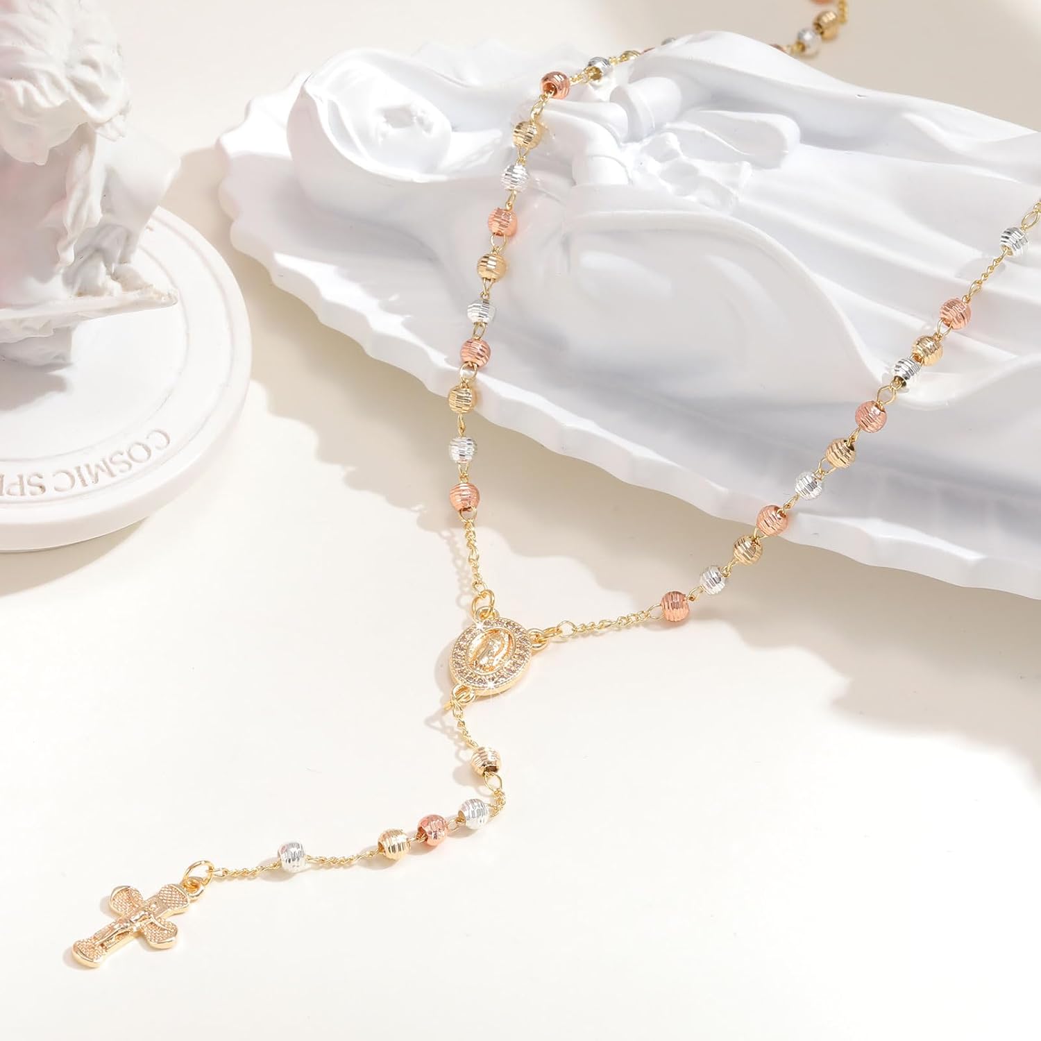 Women's Gold Virgin Mary Necklace - 14k Gold Plated Rosary Bead Cross Necklaces,Hypoallergenic Non Tarnish Gold Catholic Y Chain Necklace,Religious Rosary Beads Crucifix Necklaces Jewelry Gift for Her