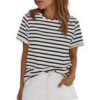 Tankaneo Womens Short Sleeve Striped Tshirts Summer Color Block Scalloped Tops Trendy Casual Basic Tee Shirts